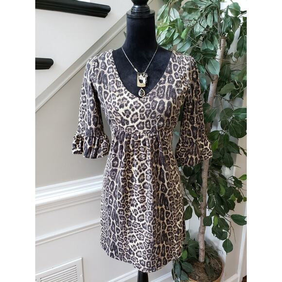 OB2-12 Sheath Dress Womens Small Multi Leopard Print Pleated Flare Sleeve V Neck - Picture 1 of 13